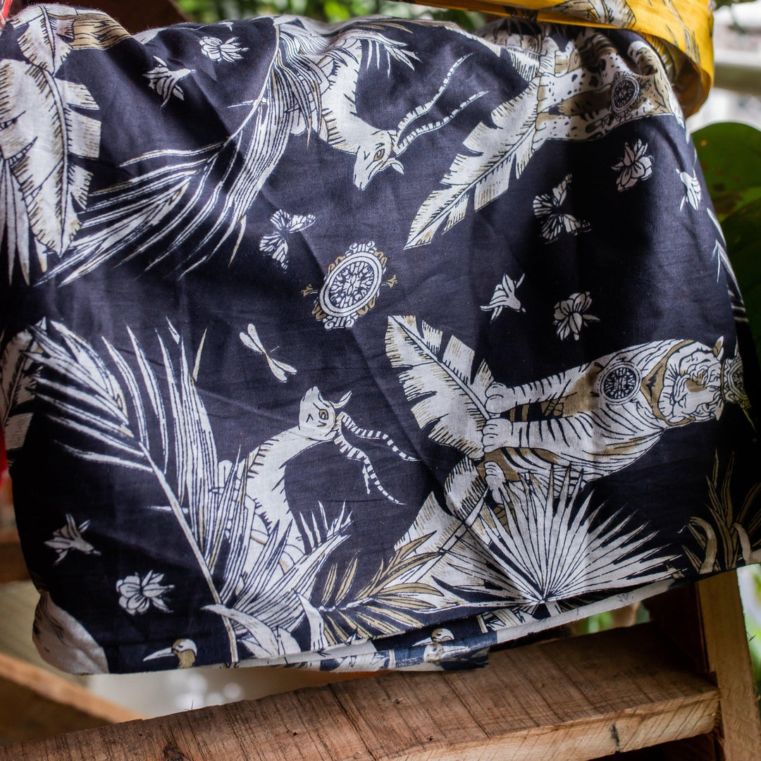 The Art Of God Black Jungle Hand Screenprinted Cotton Fabric-fabric-House of Ekam