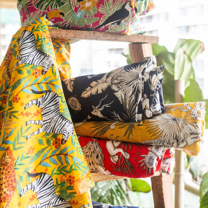 The Art Of God Black Jungle Hand Screenprinted Cotton Fabric-fabric-House of Ekam