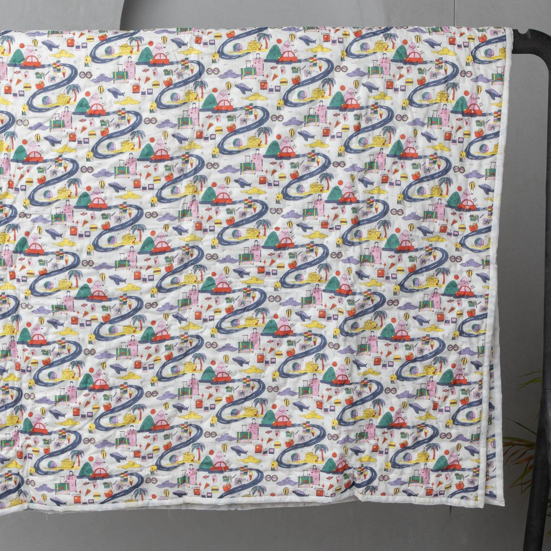 Travel Con Screenprint Cotton Baby Quilt Blanket-Baby quilts-House of Ekam