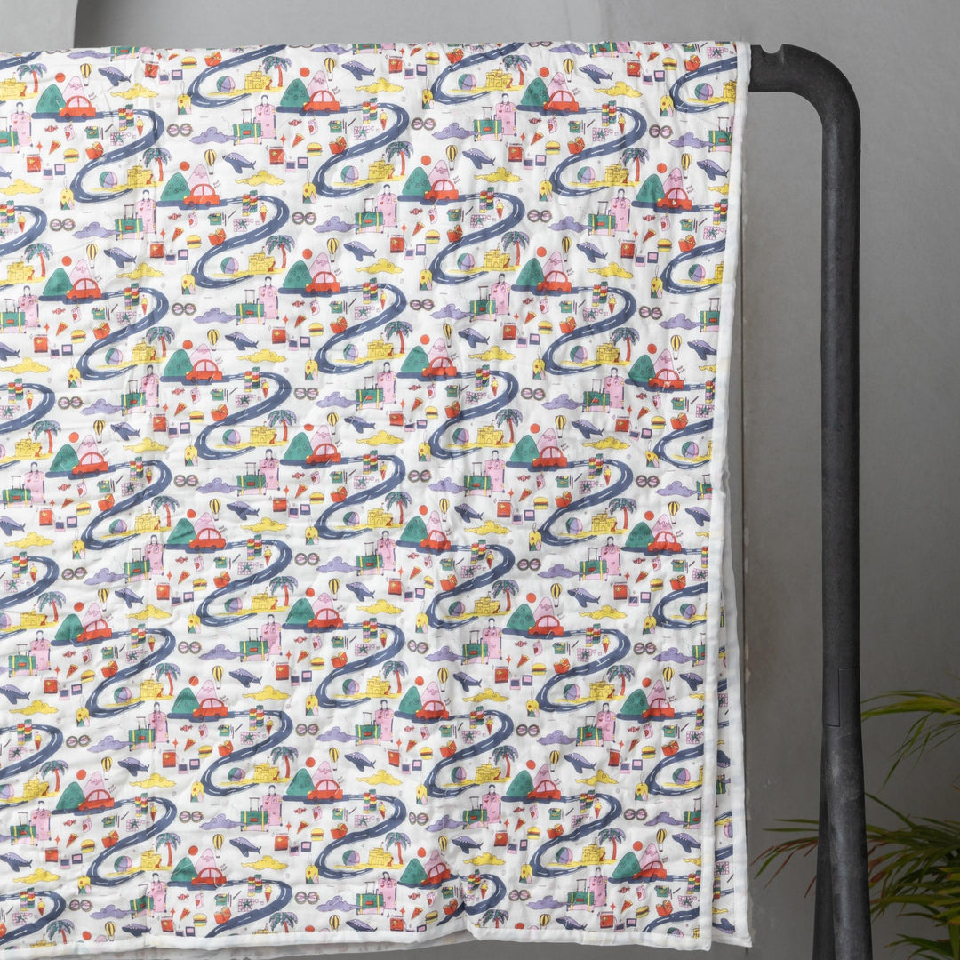 Travel Con Screenprint Cotton Baby Quilt Blanket-Baby quilts-House of Ekam