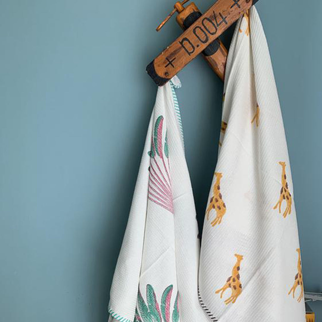 Travellers Palm and Giraffe Blockprint Bath Towel Combo-bath towels-House of Ekam