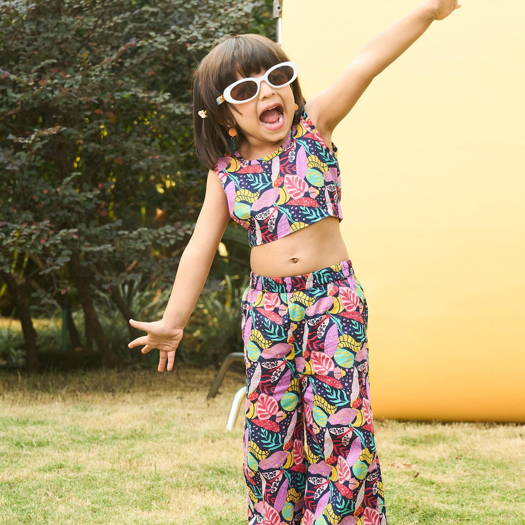 Tropadelic Multicolor Floral Crop Top &amp; Pallazzo Pant-Kidswear-House of Ekam