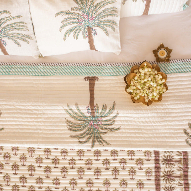 Tropical Date Palm Blockprinted Bedcover-Quilt sets-House of Ekam