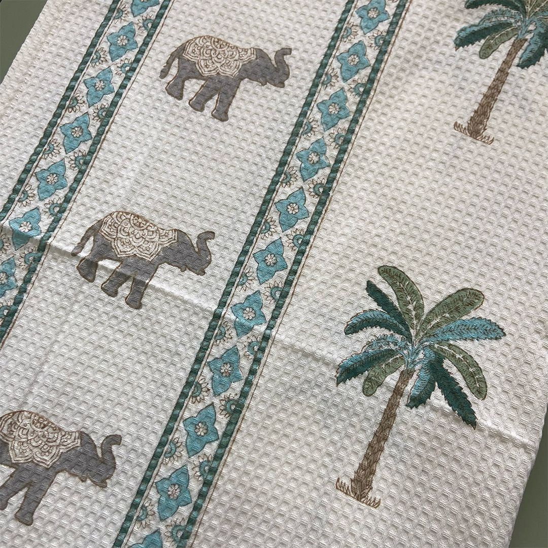 Tropical Elephant and Palm Blockprint Bath/Hand/Face Waffle Towel-bath towels-House of Ekam