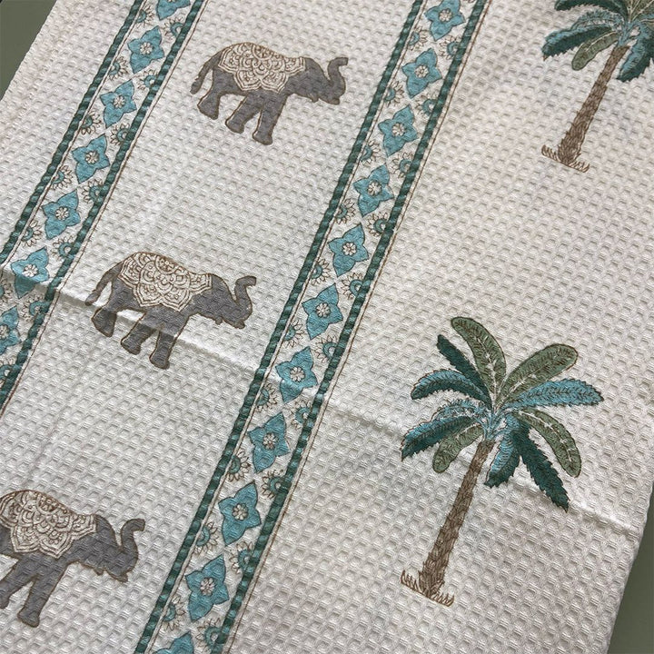Tropical Elephant and Palm Blockprint Bath/Hand/Face Waffle Towel-bath towels-House of Ekam