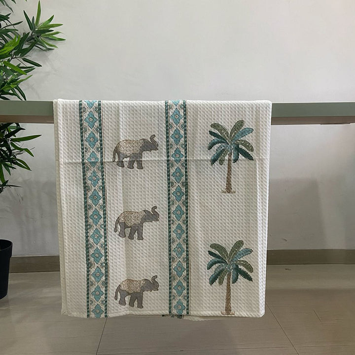 Tropical Elephant and Palm Blockprint Bath/Hand/Face Waffle Towel-bath towels-House of Ekam