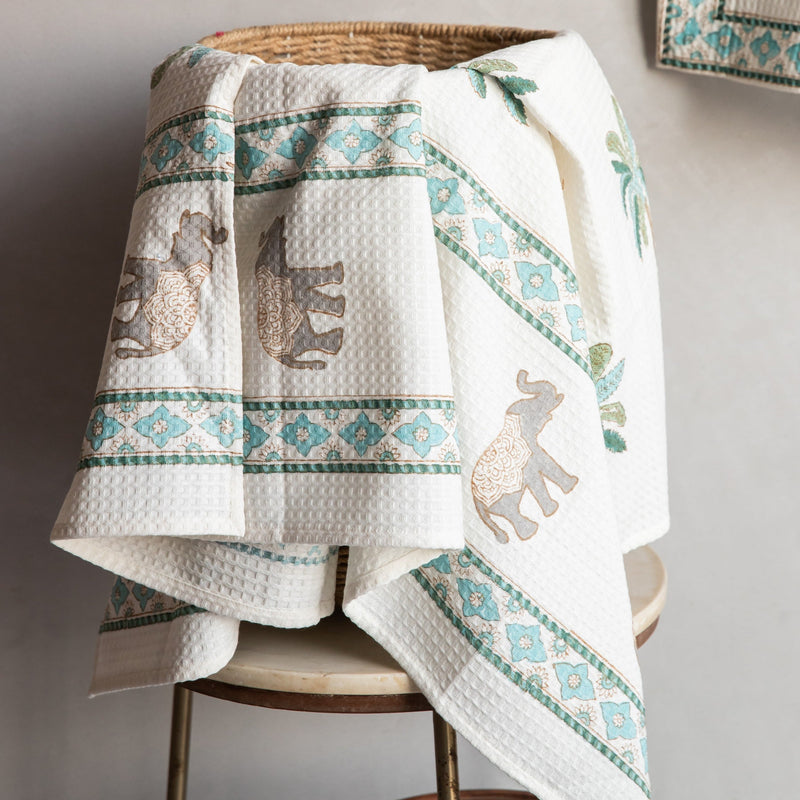Tropical Elephant and Palm Blockprint Bath/Hand/Face Waffle Towel-bath towels-House of Ekam