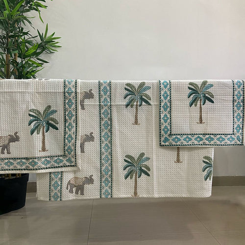 Tropical Elephant and Palm Blockprint Bath/Hand/Face Waffle Towel-bath towels-House of Ekam