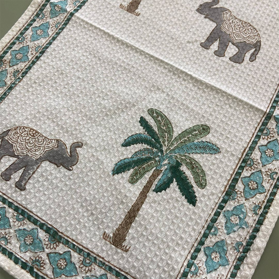 Tropical Elephant and Palm Blockprint Bath/Hand/Face Waffle Towel-bath towels-House of Ekam