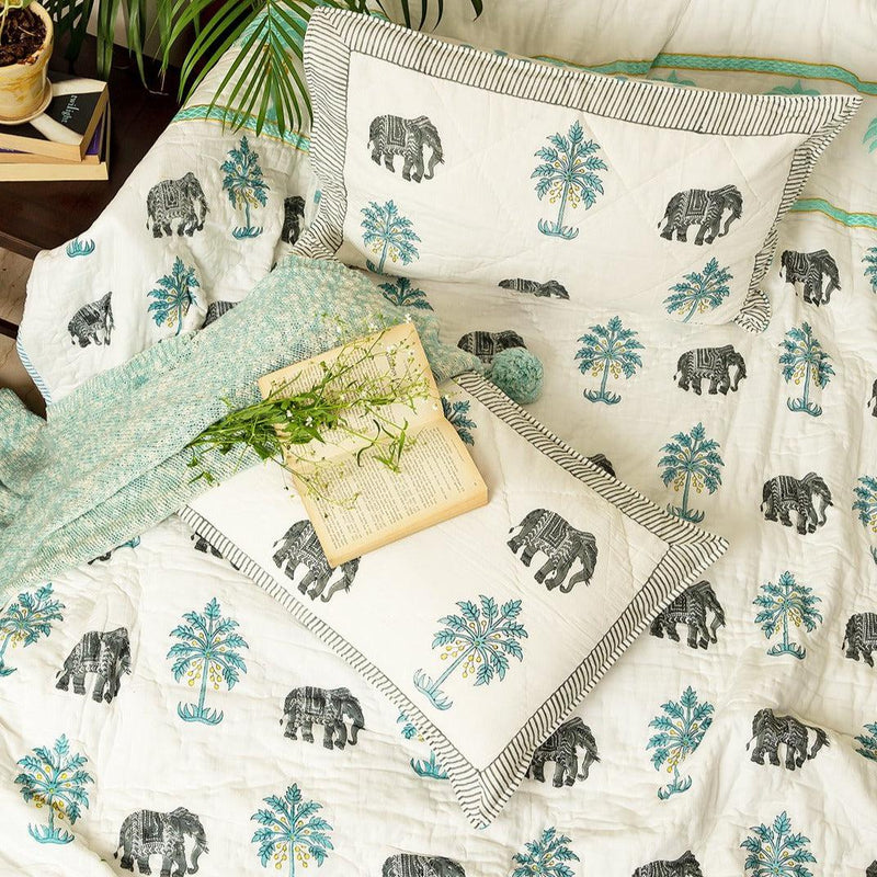 Tropical Elephant and Palm Double Bed Jaipuri Reversible Quilt Set-Quilt sets-House of Ekam