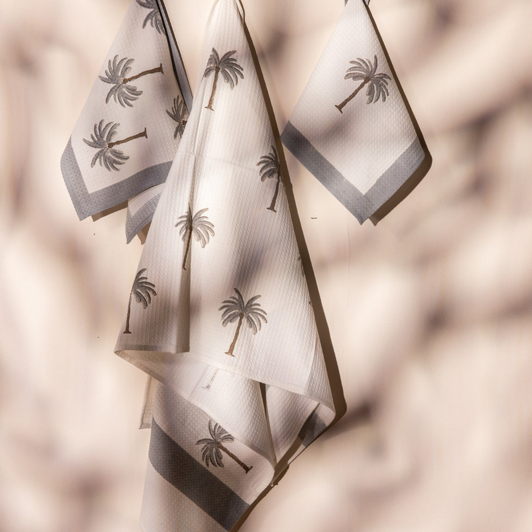 Tropical Grey Palm Blockprint Bath/Hand/Face Waffle Towel-bath towels-House of Ekam