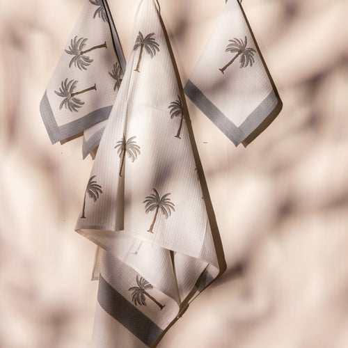 Tropical Grey Palm Blockprint Bath/Hand/Face Waffle Towel-bath towels-House of Ekam