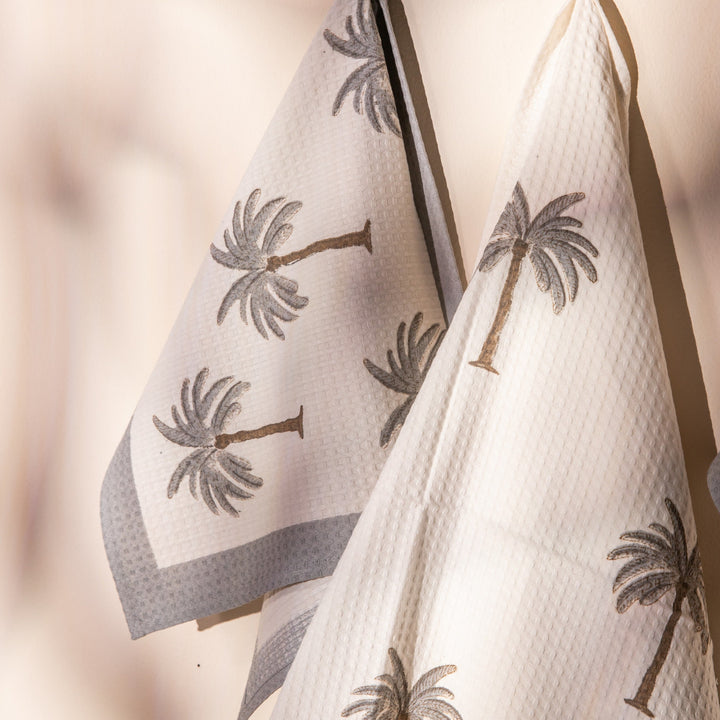 Tropical Grey Palm Blockprint Bath/Hand/Face Waffle Towel-bath towels-House of Ekam