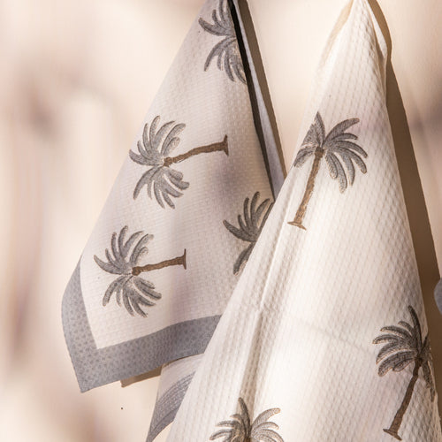 Tropical Grey Palm Blockprint Bath/Hand/Face Waffle Towel-bath towels-House of Ekam