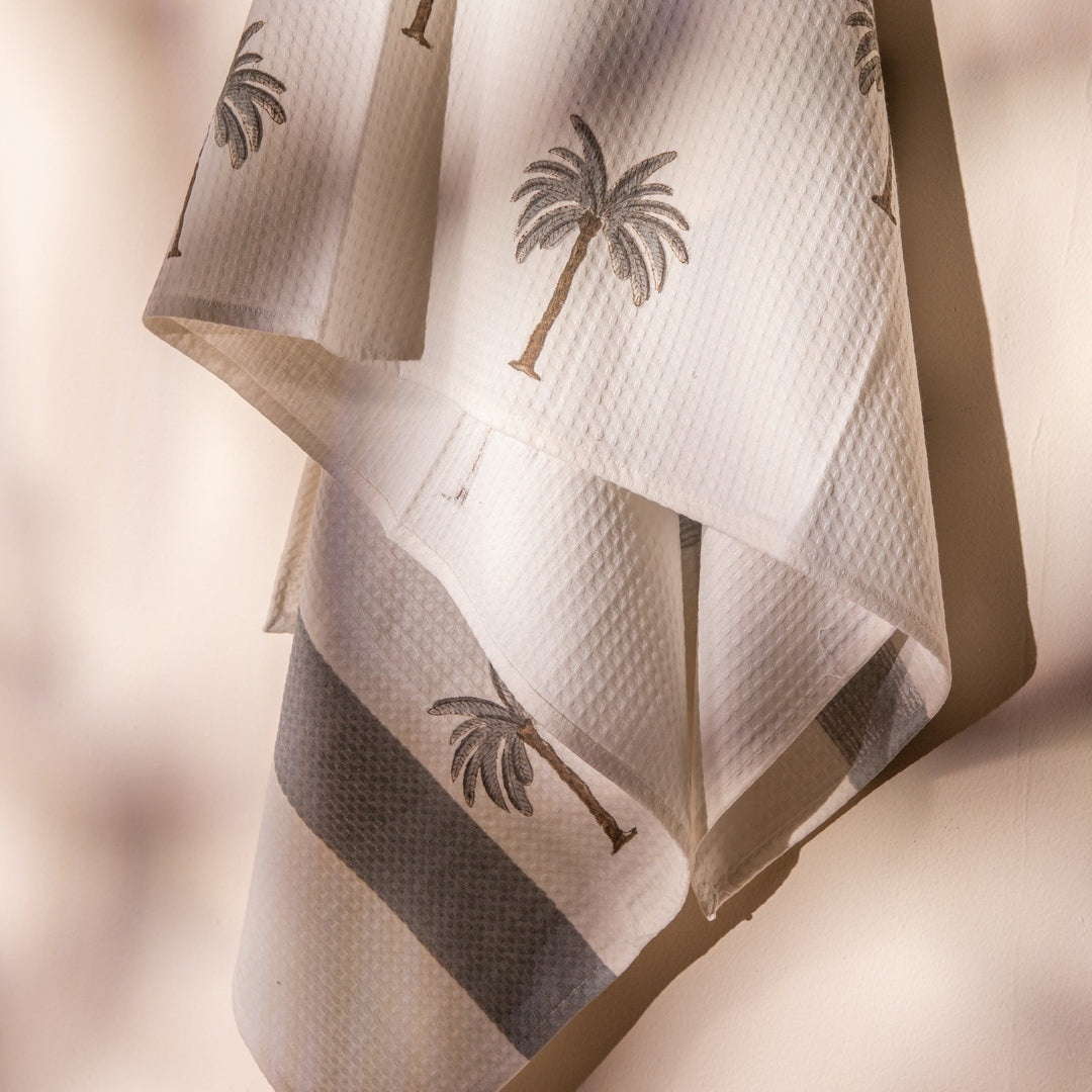 Tropical Grey Palm Blockprint Bath/Hand/Face Waffle Towel-bath towels-House of Ekam