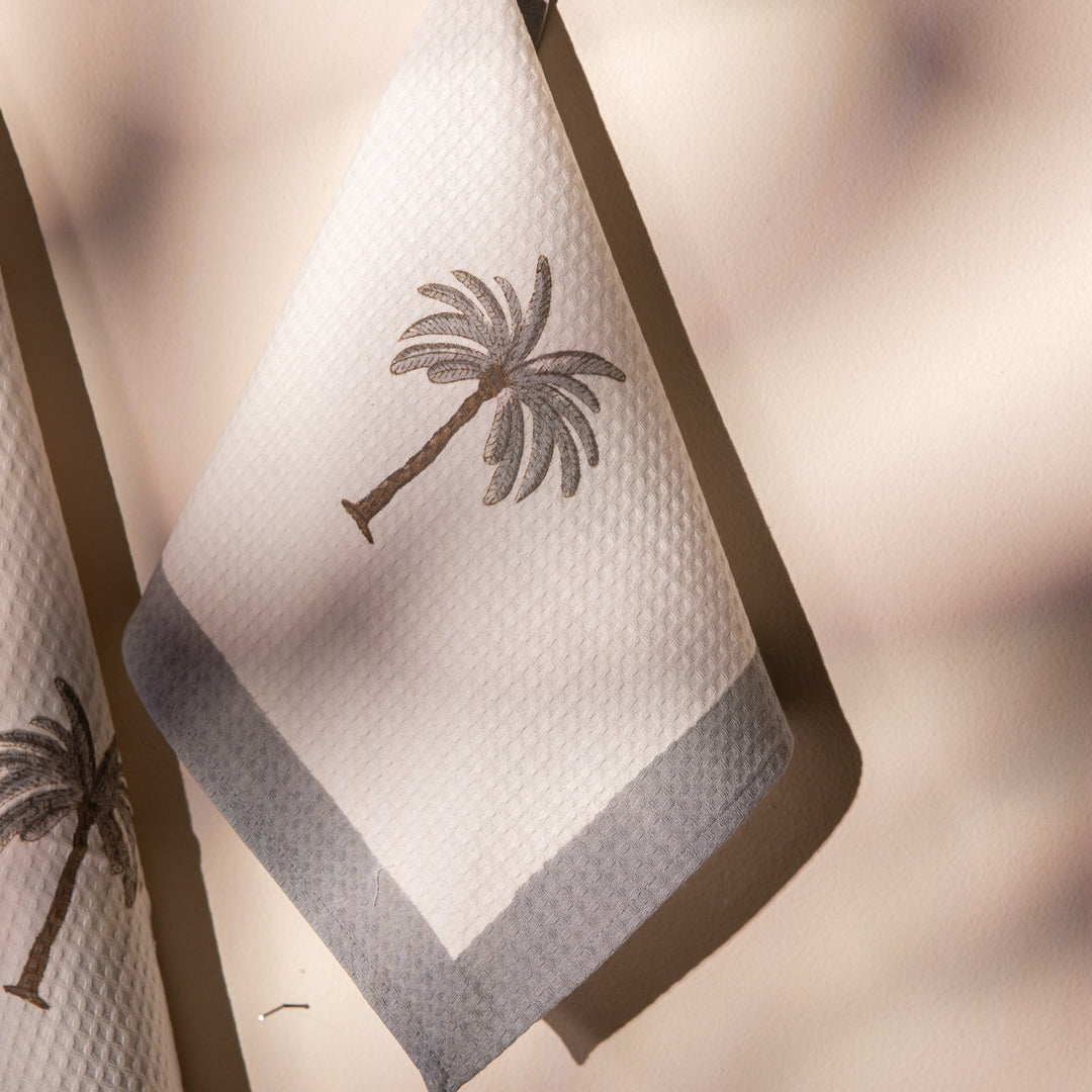 Tropical Grey Palm Blockprint Bath/Hand/Face Waffle Towel-bath towels-House of Ekam