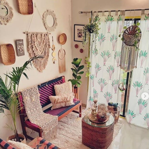 Tropical Travellers Palm Pink and Green Blockprint Sheer Curtain-Curtains-House of Ekam