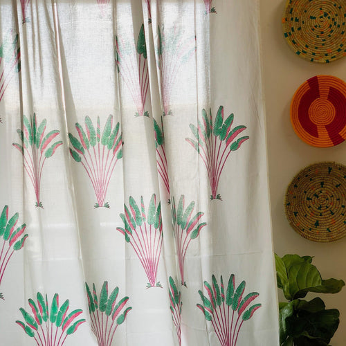 Tropical Travellers Palm Pink and Green Blockprint Sheer Curtain-Curtains-House of Ekam