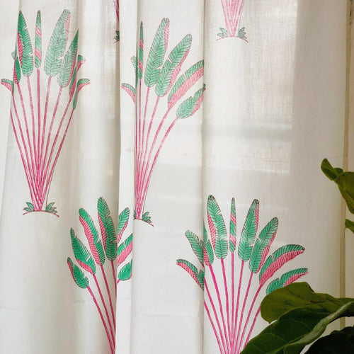 Tropical Travellers Palm Pink and Green Blockprint Sheer Curtain-Curtains-House of Ekam