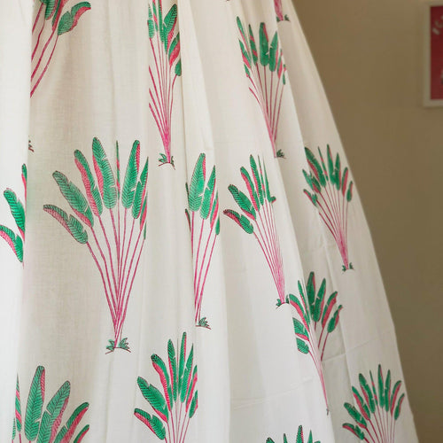 Tropical Travellers Palm Pink and Green Blockprint Sheer Curtain-Curtains-House of Ekam