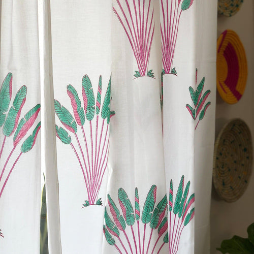 Tropical Travellers Palm Pink and Green Blockprint Sheer Curtain-Curtains-House of Ekam