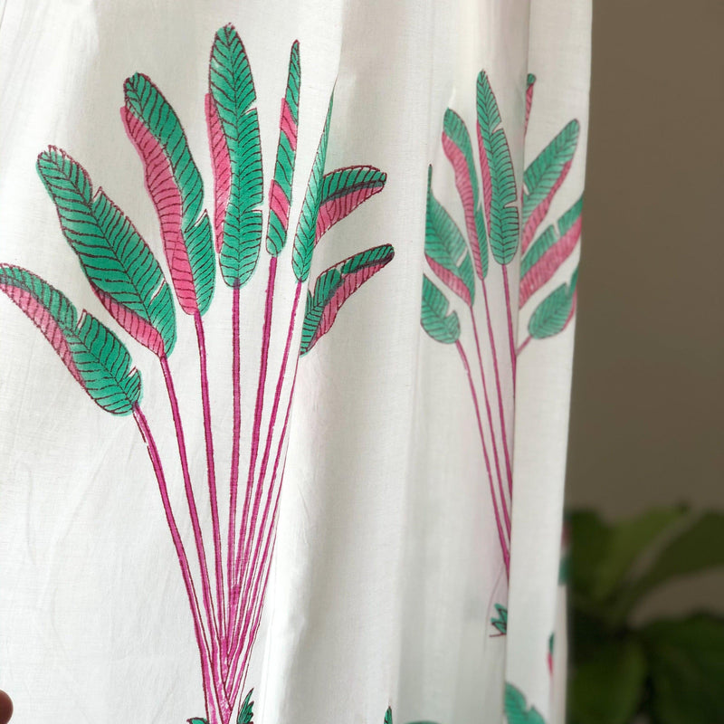Tropical Travellers Palm Pink and Green Blockprint Sheer Curtain-Curtains-House of Ekam