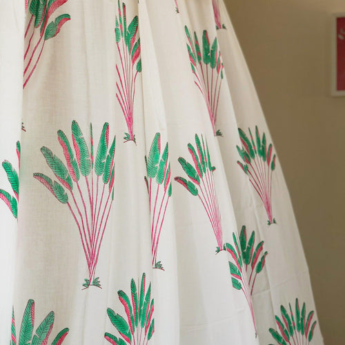 Tropical Travellers Palm Pink and Green Blockprint Sheer Curtain-Curtains-House of Ekam