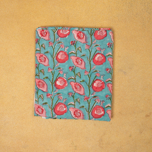 Turquoise and Pink Flower Entwine Hand Blockprinted Cotton Fabric-fabric-House of Ekam