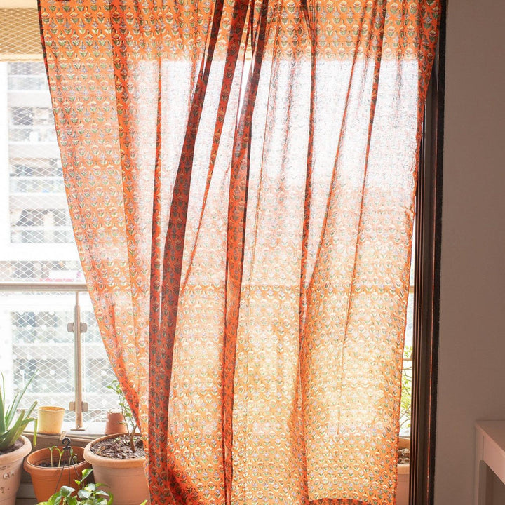 Udaipur Buti Orange Floral Curtain-Curtains-House of Ekam