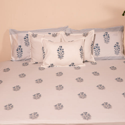 Viola Blue Blockprint Double Bedsheet With Pillow Cover-Bedsheets-House of Ekam