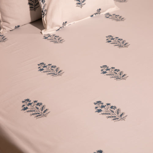 Viola Blue Blockprint Double Bedsheet With Pillow Cover-Bedsheets-House of Ekam