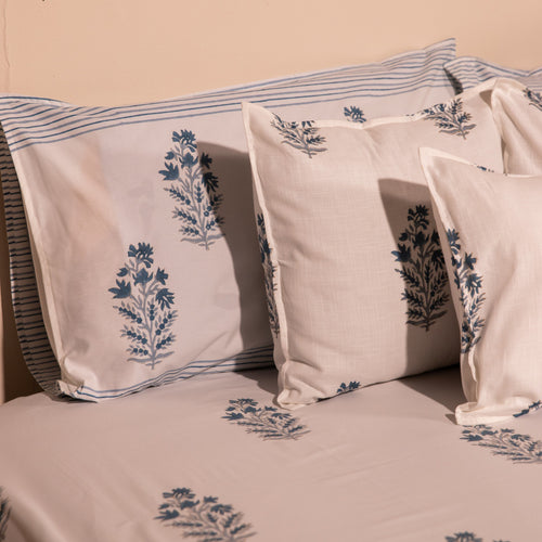 Viola Blue Blockprint Double Bedsheet With Pillow Cover-Bedsheets-House of Ekam