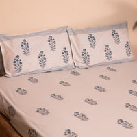 Viola Blue Blockprint Double Bedsheet With Pillow Cover-Bedsheets-House of Ekam