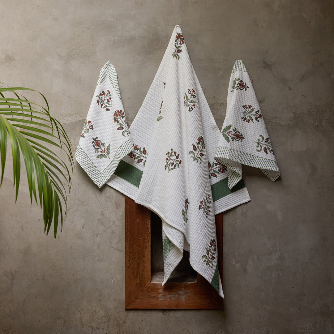 Vrinda Blockprint Bath/Hand/Face Waffle Towel-bath towels-House of Ekam