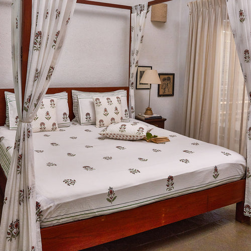 Vrinda Blockprint Double Bedsheet With Pillow Cover-Bedsheets-House of Ekam