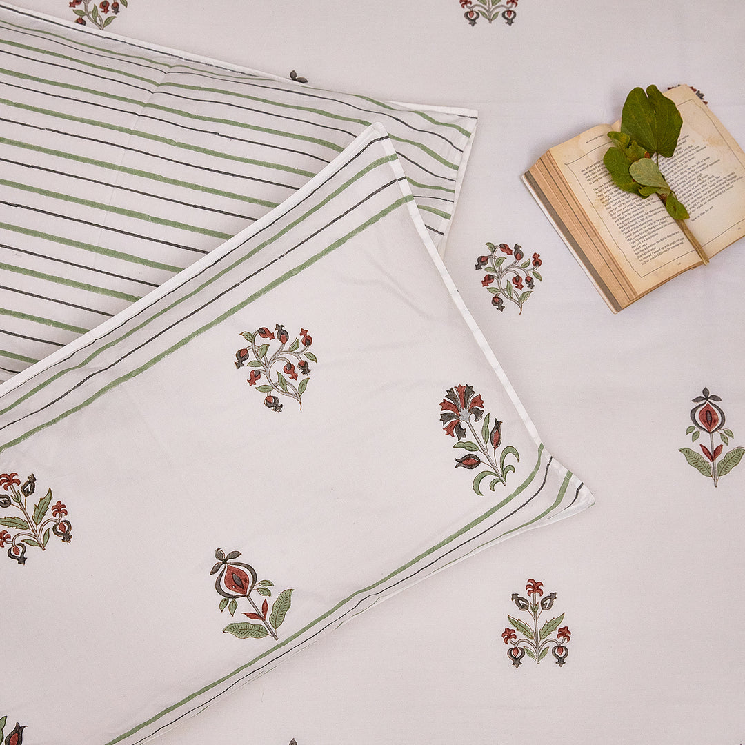 Vrinda Blockprint Double Bedsheet With Pillow Cover-Bedsheets-House of Ekam