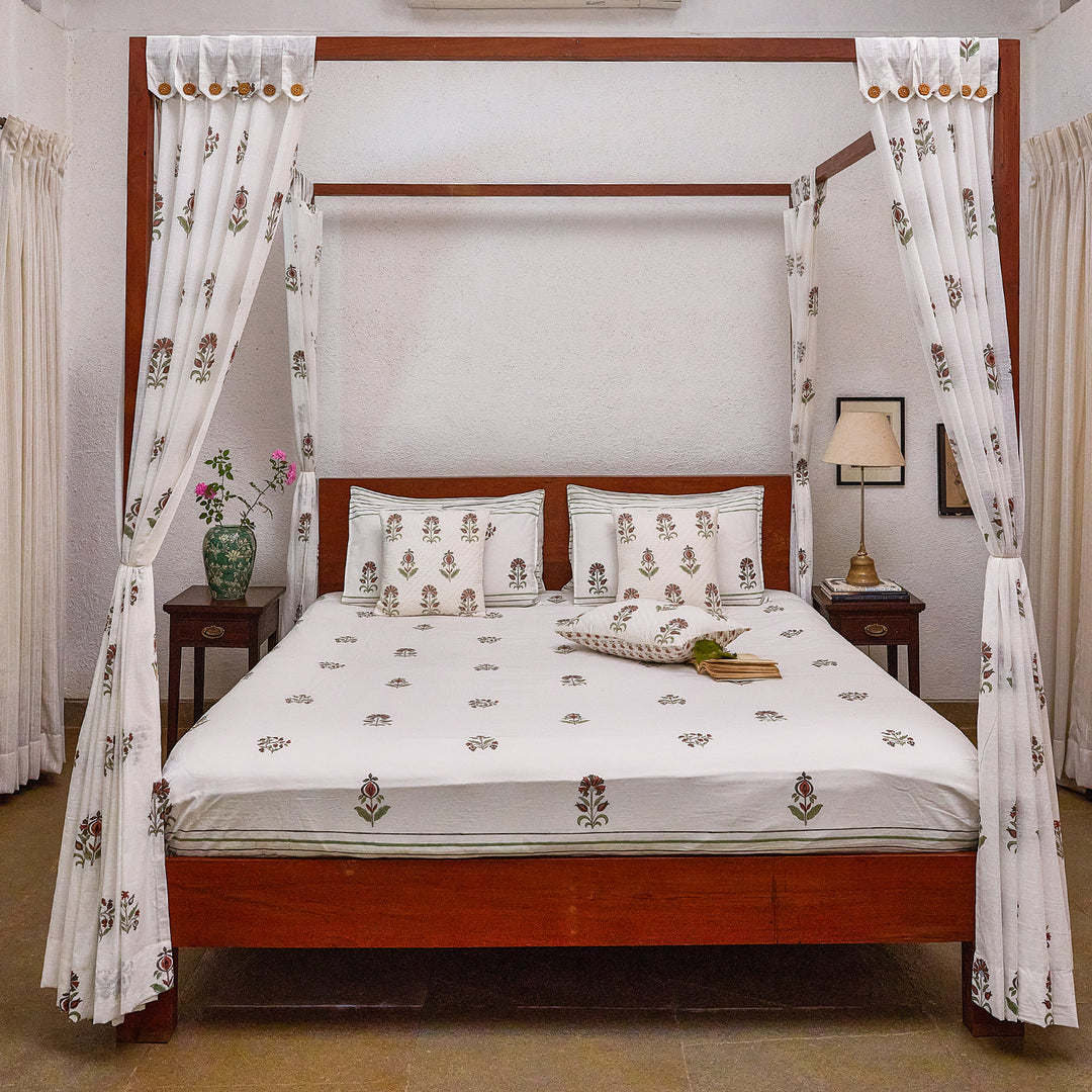 Vrinda Blockprint Double Bedsheet With Pillow Cover-Bedsheets-House of Ekam