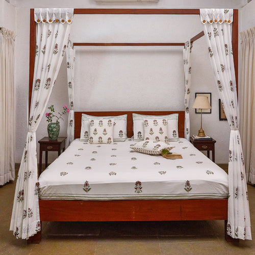 Vrinda Blockprint Double Bedsheet With Pillow Cover-Bedsheets-House of Ekam