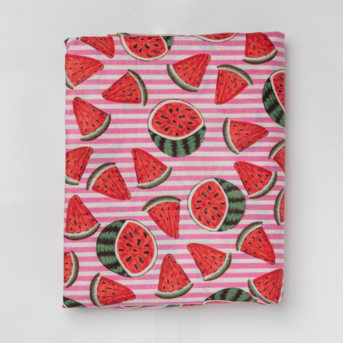 Watermelon Pink Stripe Screenprinted Cotton Fabric-fabric-House of Ekam