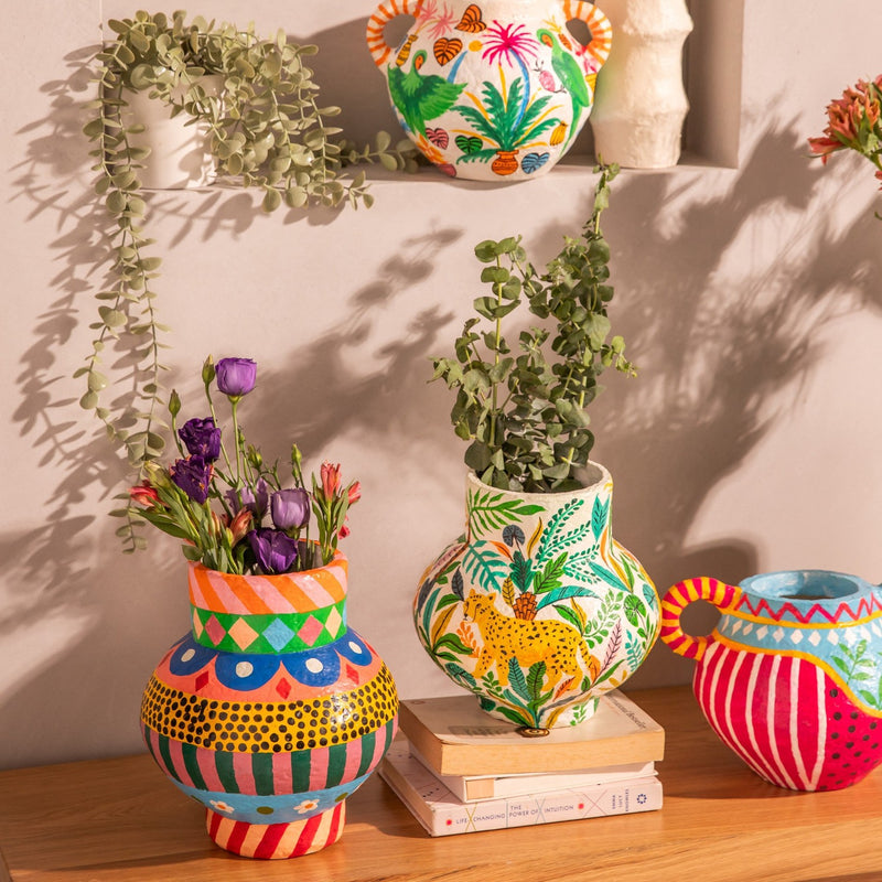 Whimsy Bloom Handpainted Paper Mache Vase with Handle-Vases-House of Ekam