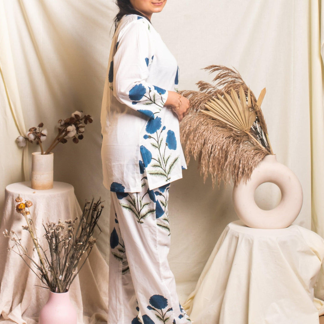 White And Blue Poppy Blockprinted Loungewear Pyjama Set-loungewear-House of Ekam