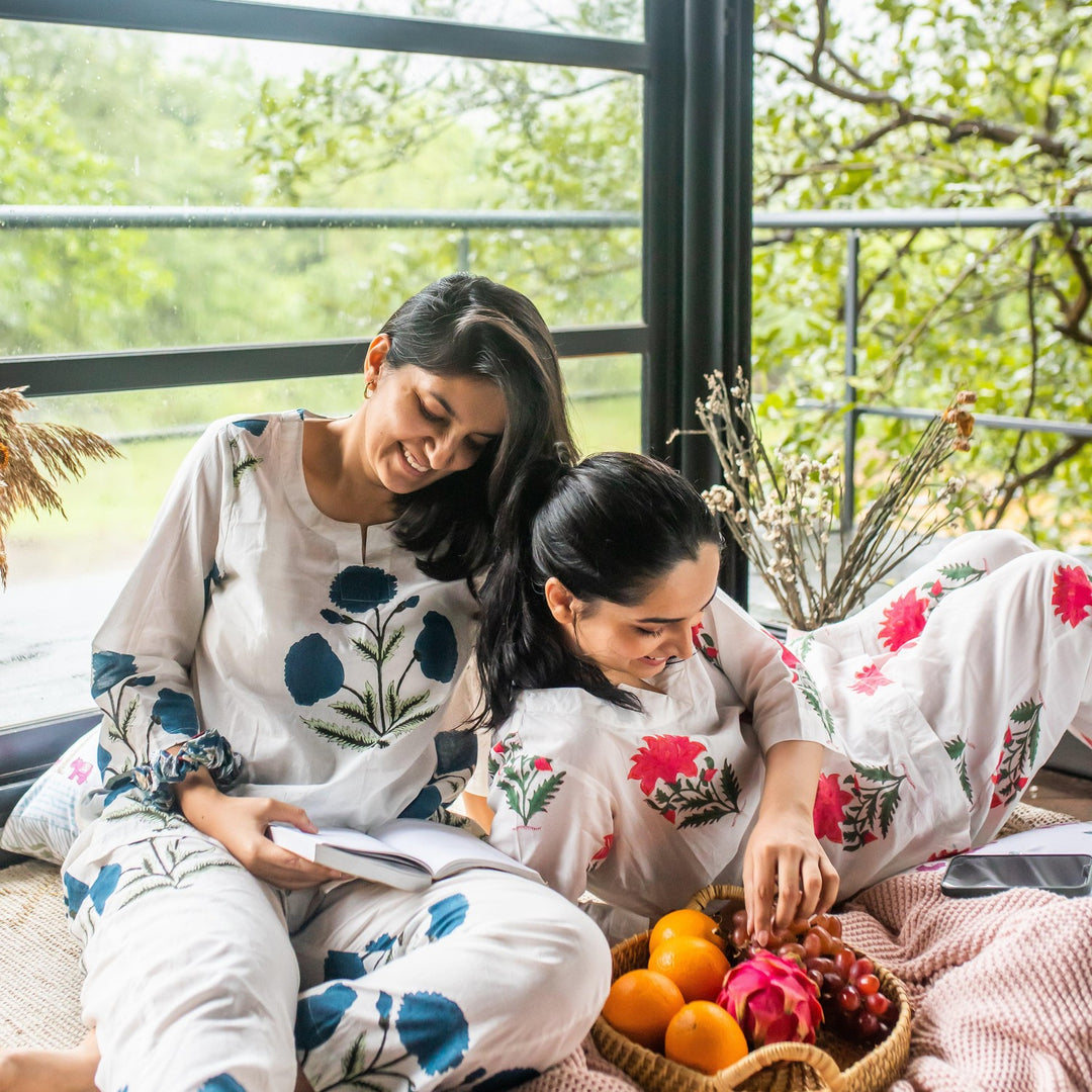 White And Blue Poppy Blockprinted Loungewear Pyjama Set-loungewear-House of Ekam