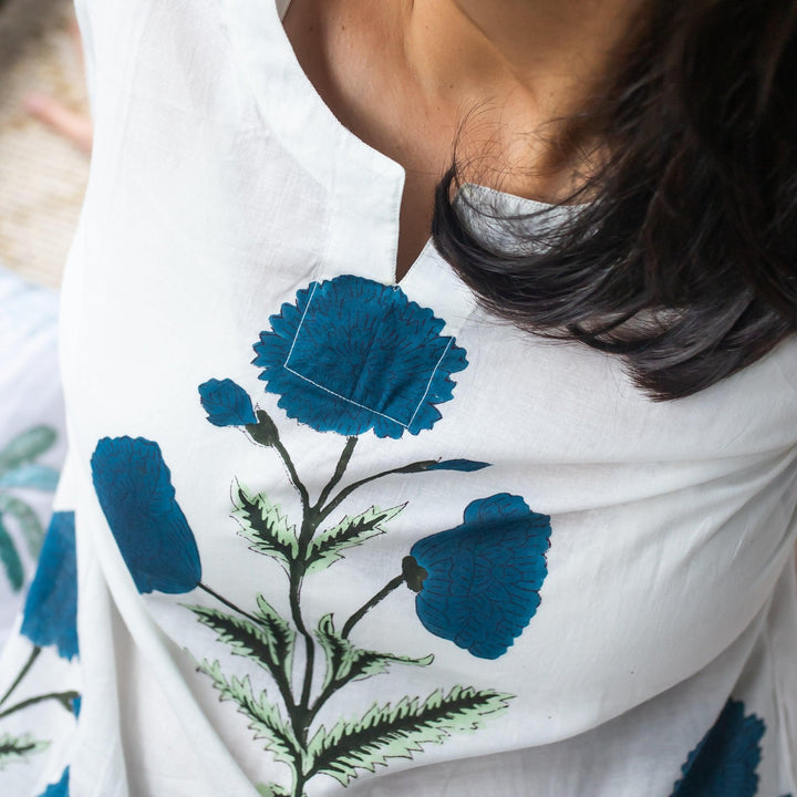 White And Blue Poppy Blockprinted Loungewear Pyjama Set-loungewear-House of Ekam
