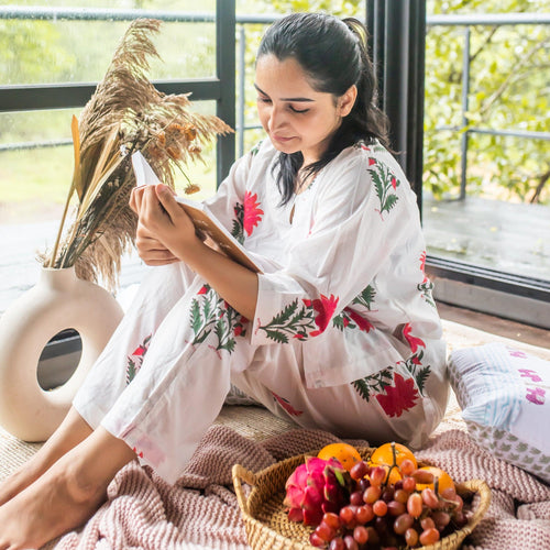 White And Pink Floral Blockprinted Loungewear Pyjama Set-loungewear-House of Ekam