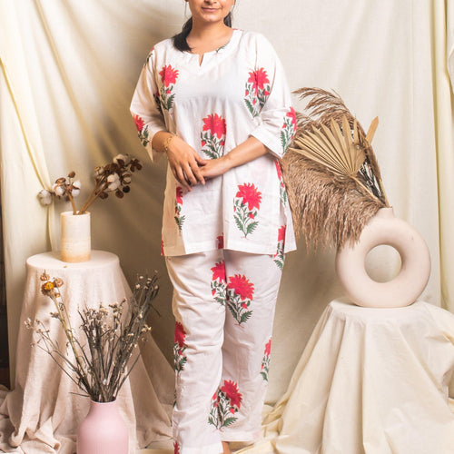 White And Pink Floral Blockprinted Loungewear Pyjama Set-loungewear-House of Ekam