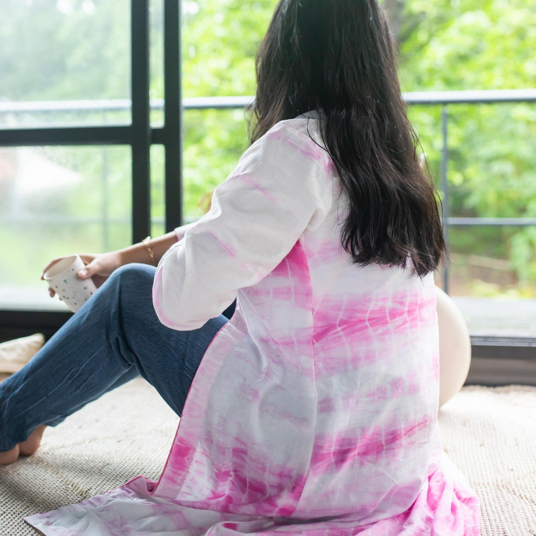 White And Pink Tie Dye Front Open Shrug-Shrugs-House of Ekam