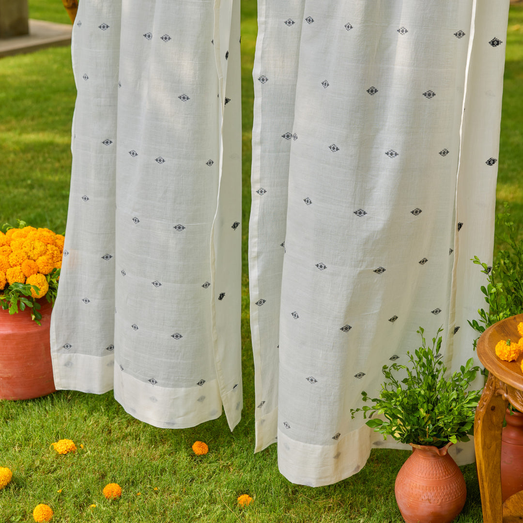White &amp; Black Neer Jamdani Cotton Handloom Curtain-Curtains-House of Ekam