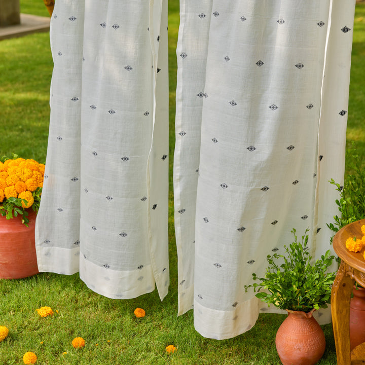 White &amp; Black Neer Jamdani Cotton Handloom Curtain-Curtains-House of Ekam