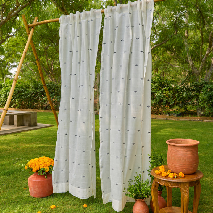 White &amp; Black Neer Jamdani Cotton Handloom Curtain-Curtains-House of Ekam