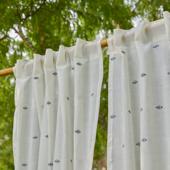 White &amp; Black Neer Jamdani Cotton Handloom Curtain-Curtains-House of Ekam